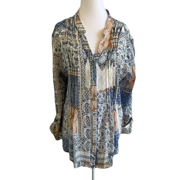 Ruby Rd Blouse XL Blue patchwork 3/4 Sleeve Button Up Top Lightweight Boho Fairy - Picture 1 of 10